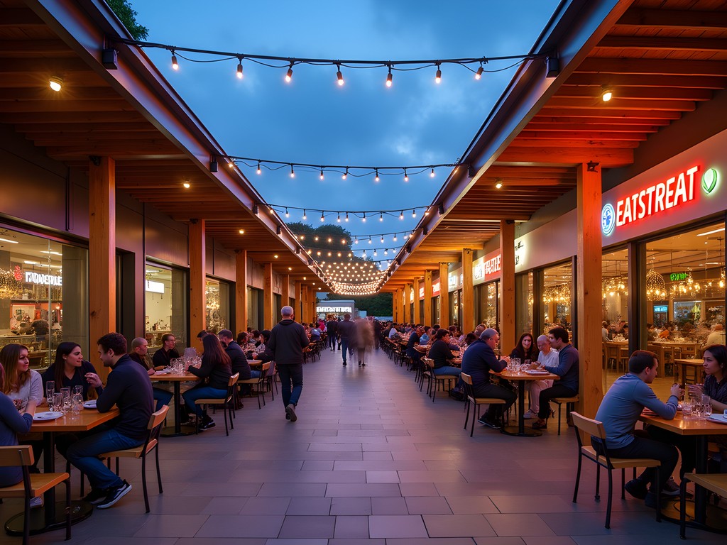 Vibrant evening scene at Rotorua's Eat Streat food precinct with outdoor dining and string lights