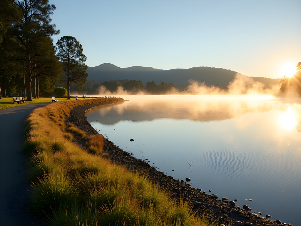 Peaceful morning meditation spot at Lake Rotorua with steam rising from geothermal vents