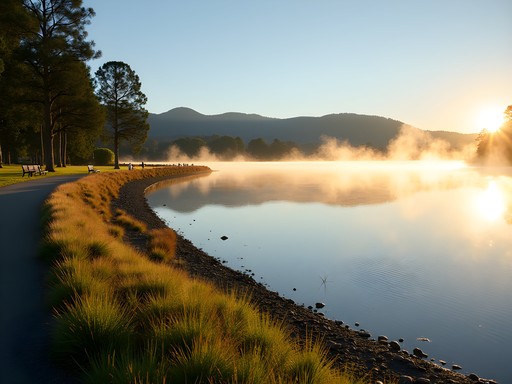 Peaceful morning meditation spot at Lake Rotorua with steam rising from geothermal vents