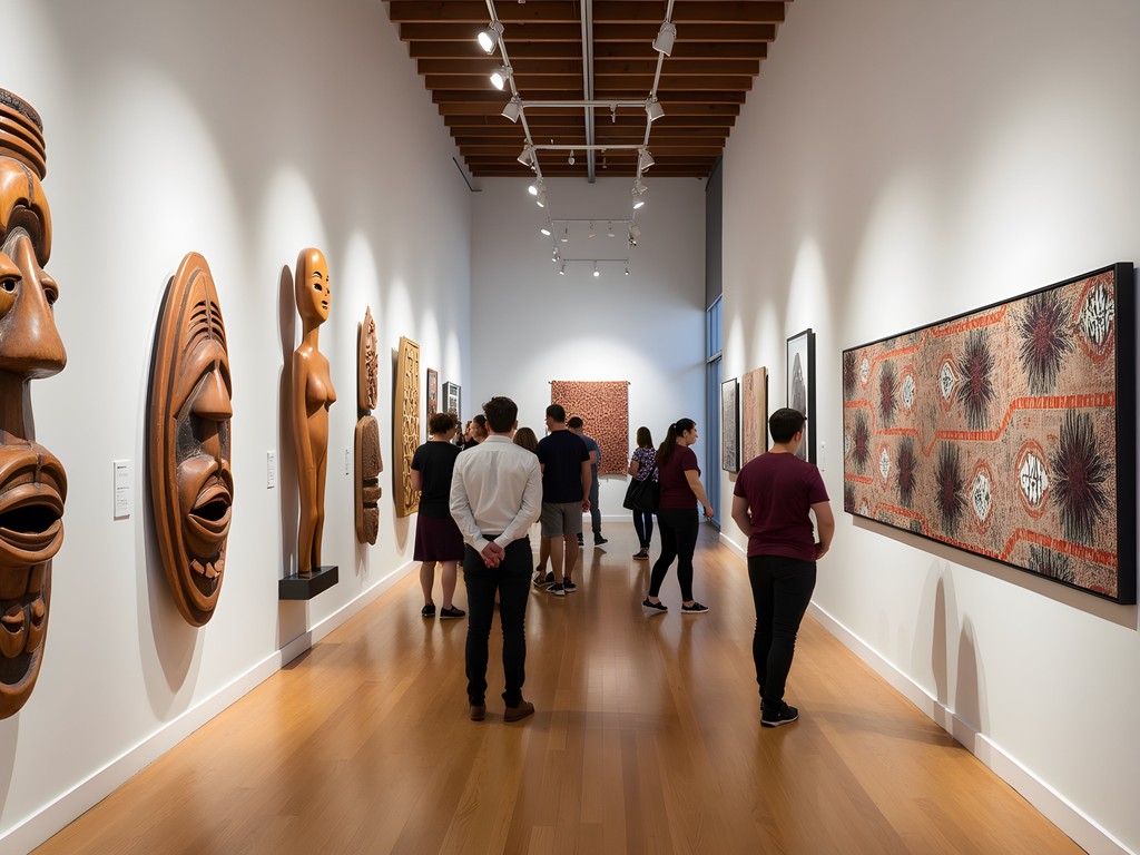 Contemporary Māori art exhibition in urban Rotorua gallery with carved wooden sculptures and modern paintings