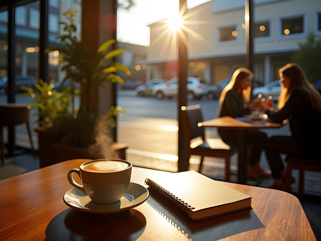 Morning scene at a Rotorua café with steaming coffee and city views