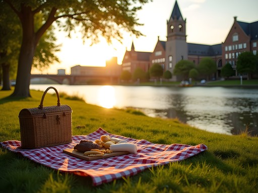 Sunset picnic overlooking the Mississippi River with Saint Cloud's granite buildings in background