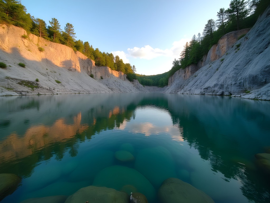 Peaceful granite quarry with clear water reflecting blue sky at Quarry Park Nature Preserve