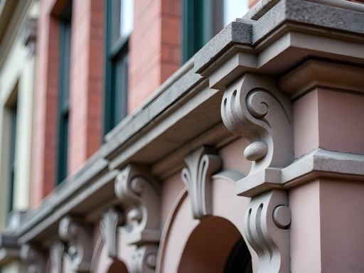 Close-up of ornate granite architectural details on historic Saint Cloud building
