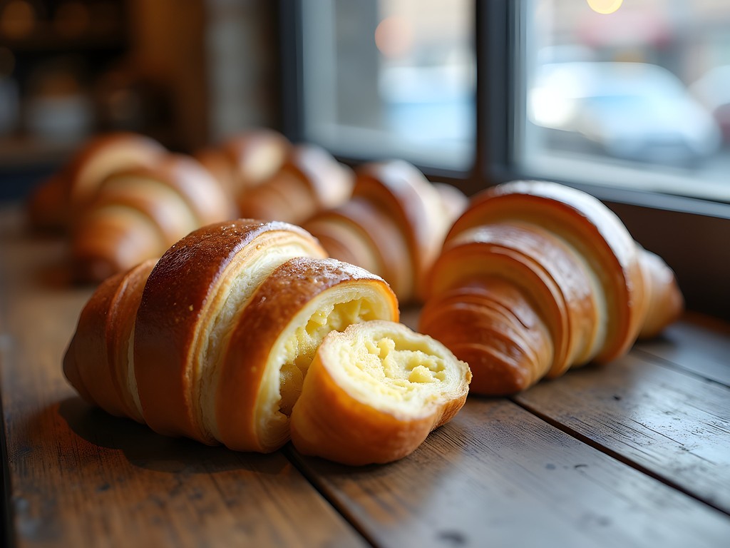 Freshly baked croissants with flaky layers at Arsicault Bakery in San Francisco