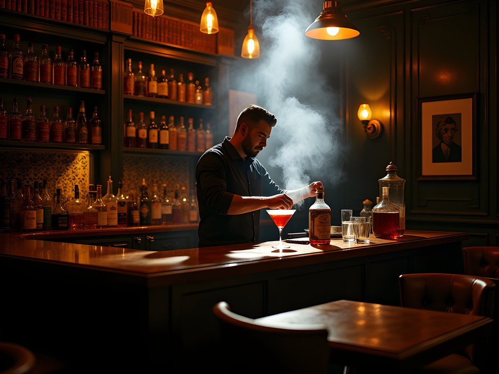 Craft cocktail being prepared in the hidden Library room at Bourbon & Branch speakeasy in San Francisco