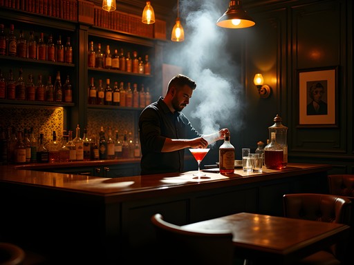 Craft cocktail being prepared in the hidden Library room at Bourbon & Branch speakeasy in San Francisco