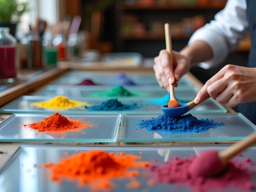 Colorful raw pigments being mixed into watercolors at Case for Making workshop in San Francisco