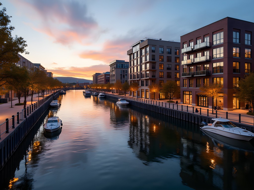 Sunset view of Schenectady's revitalized Mohawk Harbor development with smart city lighting