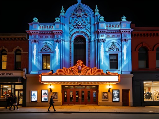 Nighttime projection mapping display on the historic facade of Proctors Theatre in downtown Schenectady