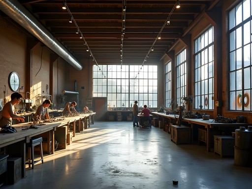 Industrial art studio in Georgetown with artists working amid machinery and natural light