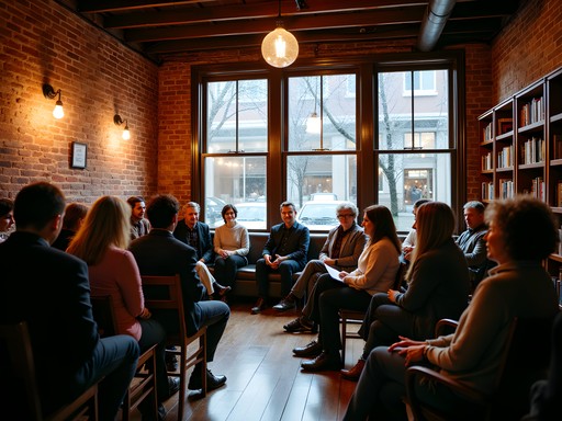 Literary reading event in a cozy Pioneer Square venue with exposed brick walls