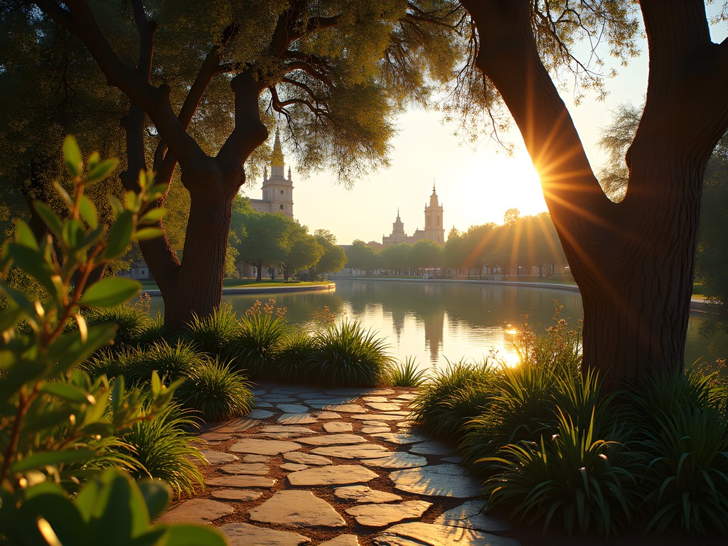 Hidden garden along Guadalquivir River in Seville at golden hour with historic buildings in background