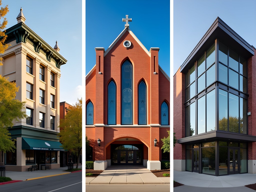 Architectural details collage showing Victorian, Prairie School, and Mid-Century Modern buildings in Shawnee, Kansas