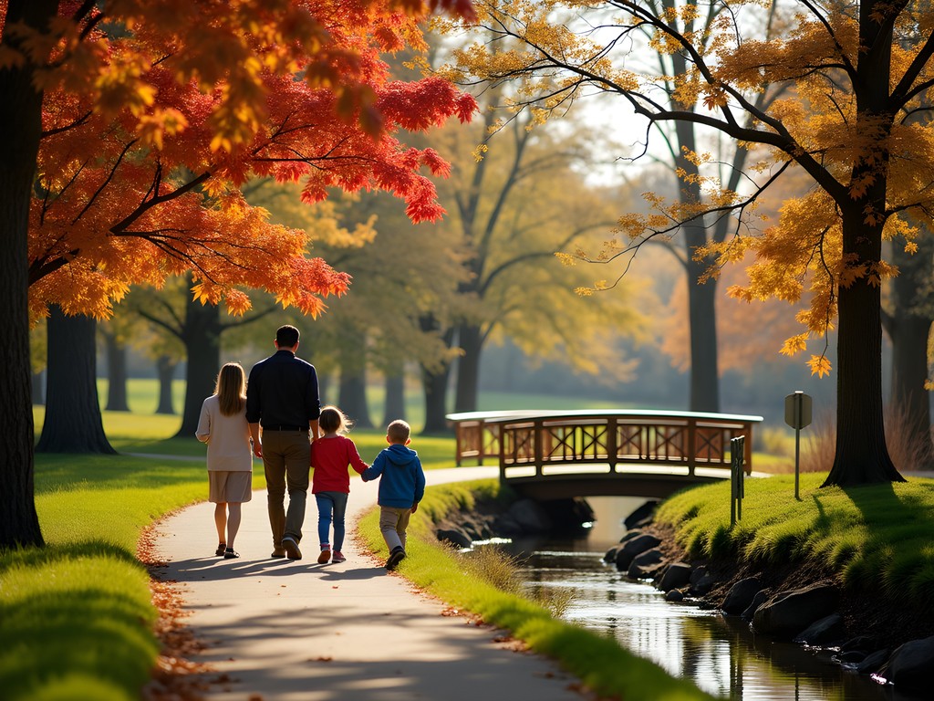 Family exploring Clear Creek Trail in autumn with colorful fall foliage in Shawnee, Kansas