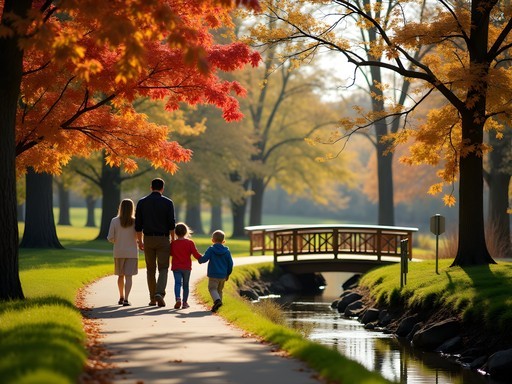 Family exploring Clear Creek Trail in autumn with colorful fall foliage in Shawnee, Kansas