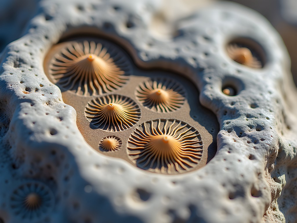 Close-up of fossilized marine creatures in limestone outcropping at Swarner Park, Shawnee, Kansas