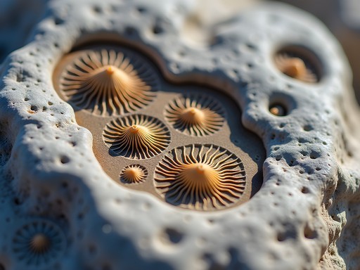 Close-up of fossilized marine creatures in limestone outcropping at Swarner Park, Shawnee, Kansas