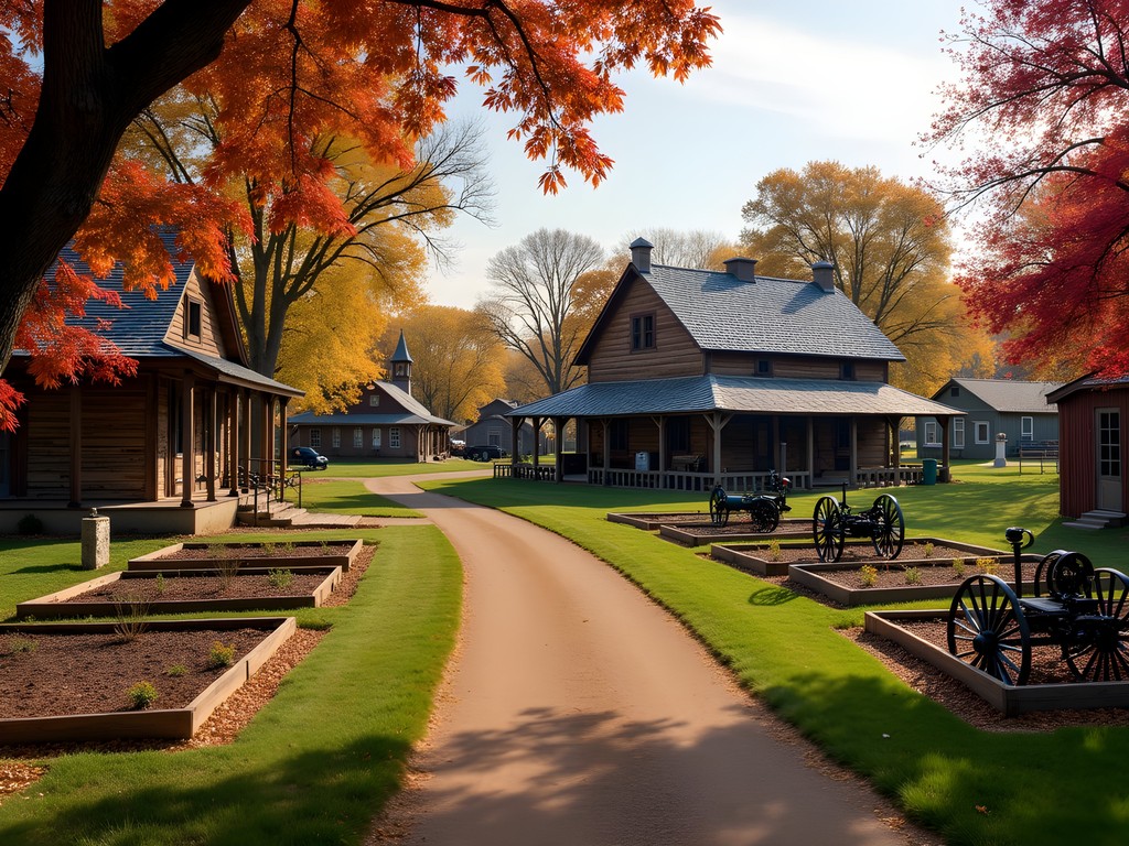 Restored 1920s farmstead buildings with autumn foliage at Shawnee Town 1929 historical site