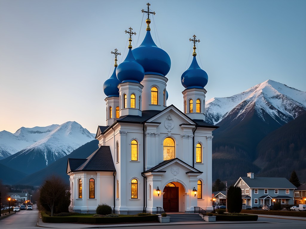 St. Michael's Cathedral onion domes against Sitka mountain backdrop in morning light