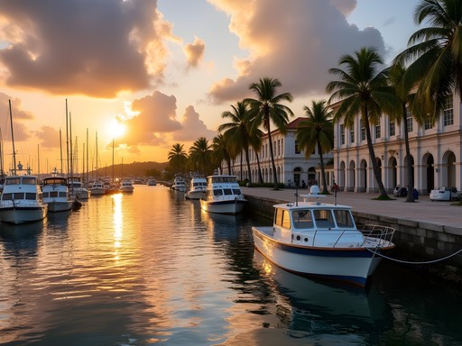 Sunset view of Speightstown's historic waterfront with fishing boats and colonial buildings