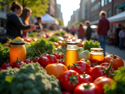 Vibrant spring produce display at Stamford weekend farmers market with shoppers selecting local vegetables