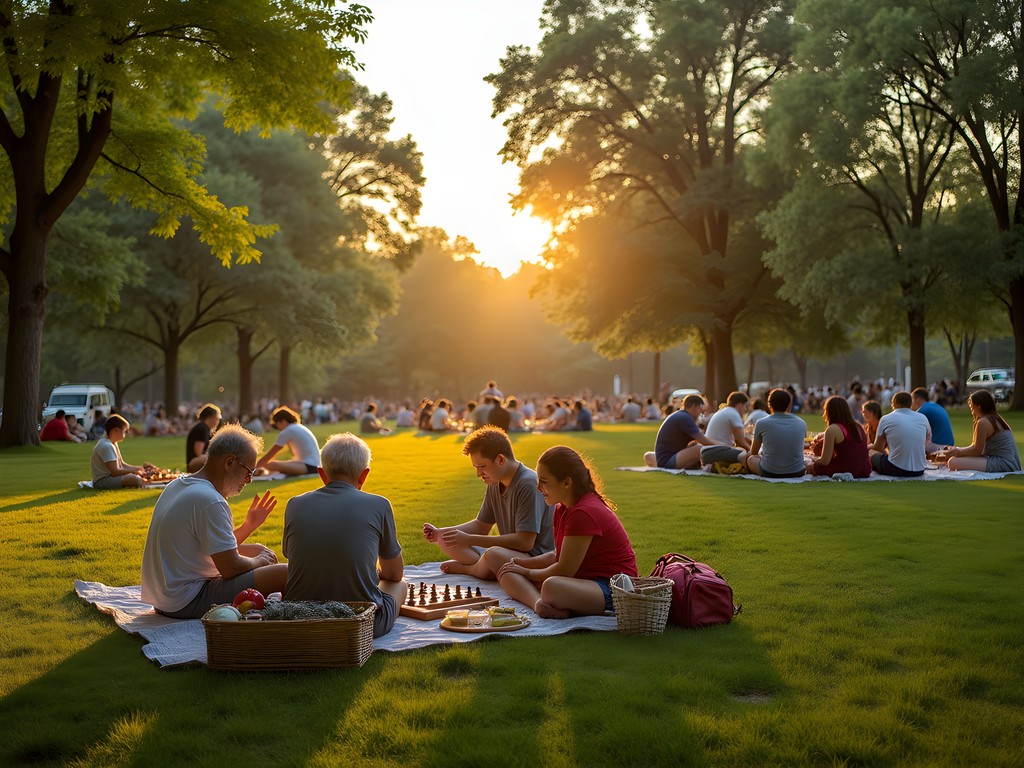Diverse community gathering at Dodge Park in Sterling Heights with multiple generations and cultural groups sharing the space
