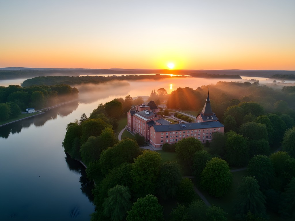 Aerial drone view of Stockholm's Djurgården island at sunrise with historical buildings and archipelago