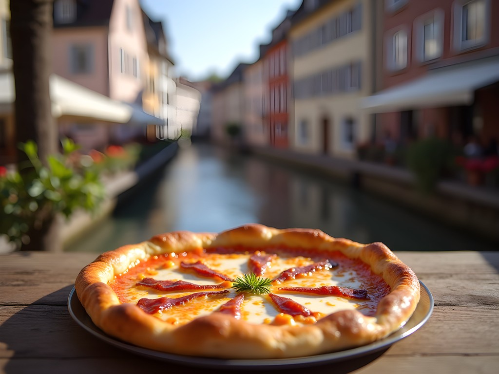 Traditional Alsatian tarte flambée served at outdoor café table with view of Petite France canals