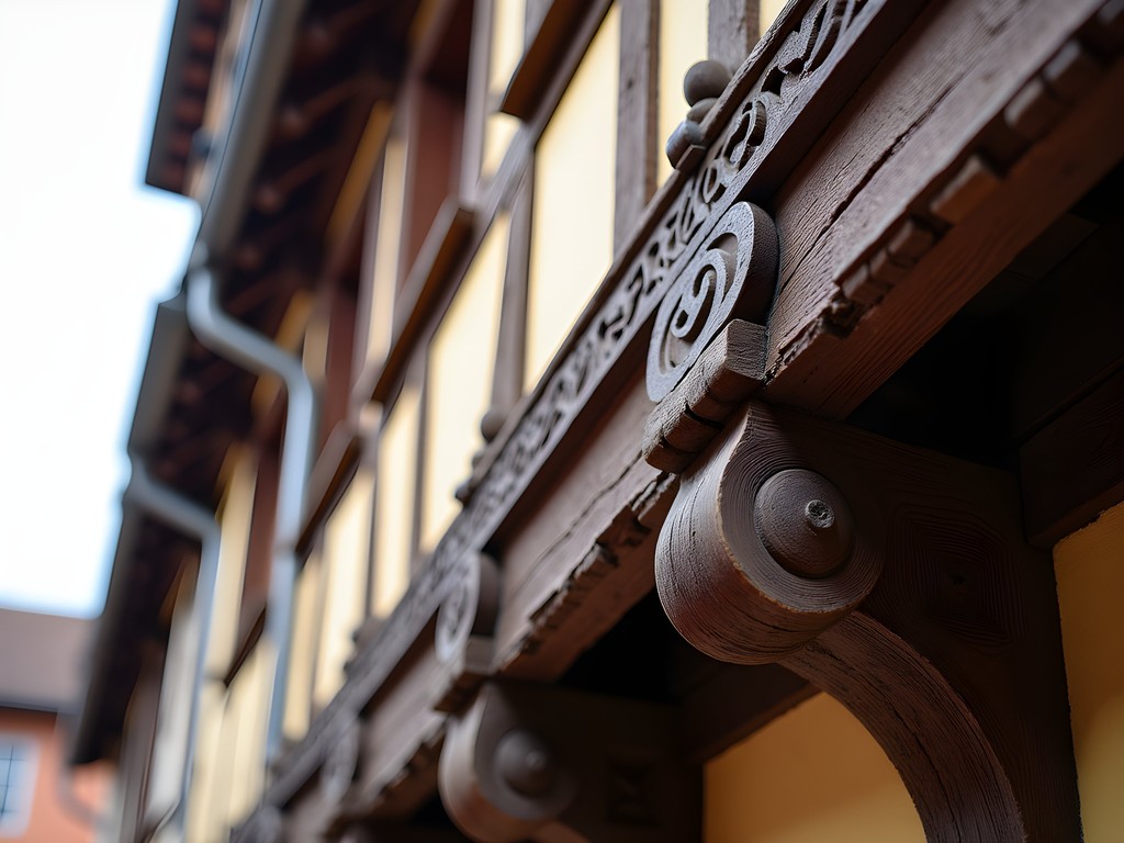 Close-up of ornate wooden beam carvings on medieval buildings in Petite France