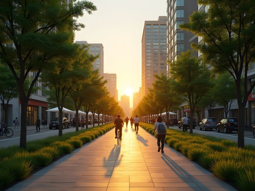 Sunset at Calligraphy Greenway with public art installations and local residents enjoying the space