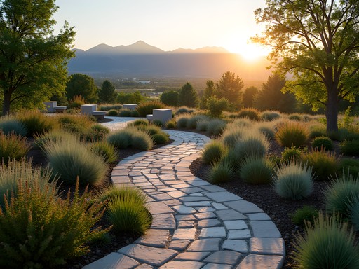Stone labyrinth garden at sunset with mountains in background