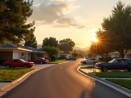 Row of well-preserved 1960s ranch houses with mid-century architectural features at sunset