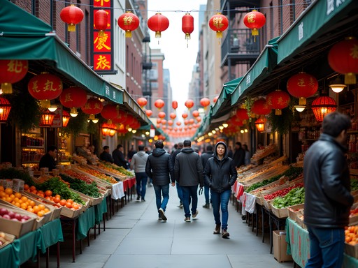 Busy street market in Toronto's Chinatown with colorful produce displays and Chinese signage