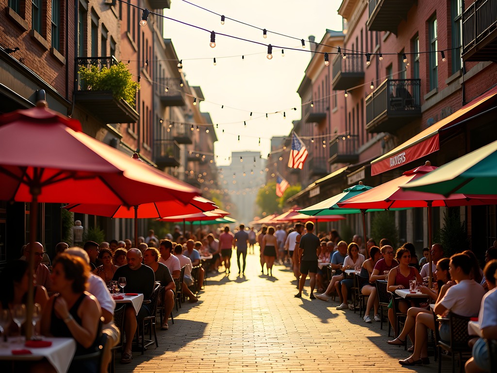 Outdoor cafes with colorful umbrellas along College Street in Little Italy, Toronto