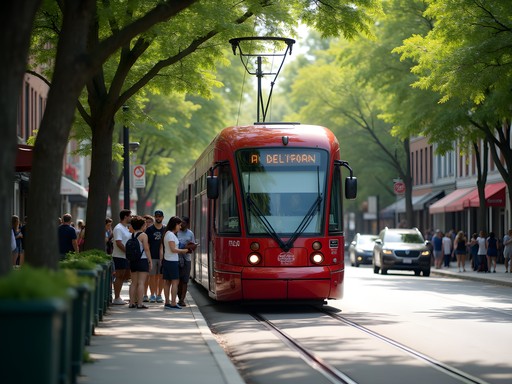 Family boarding a red Toronto streetcar with neighborhood shops in background