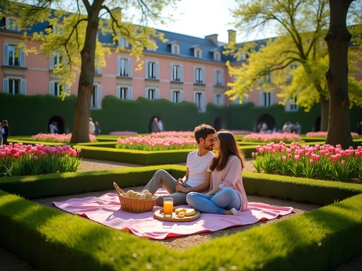 Couple enjoying picnic in Toulouse's Jardin Royal with pink city buildings in background