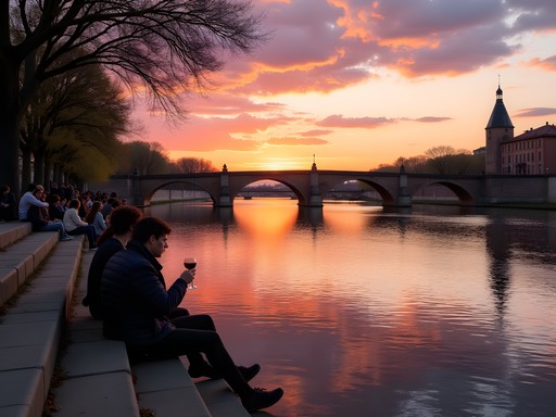 Sunset over Pont Neuf bridge in Toulouse with people on riverbank