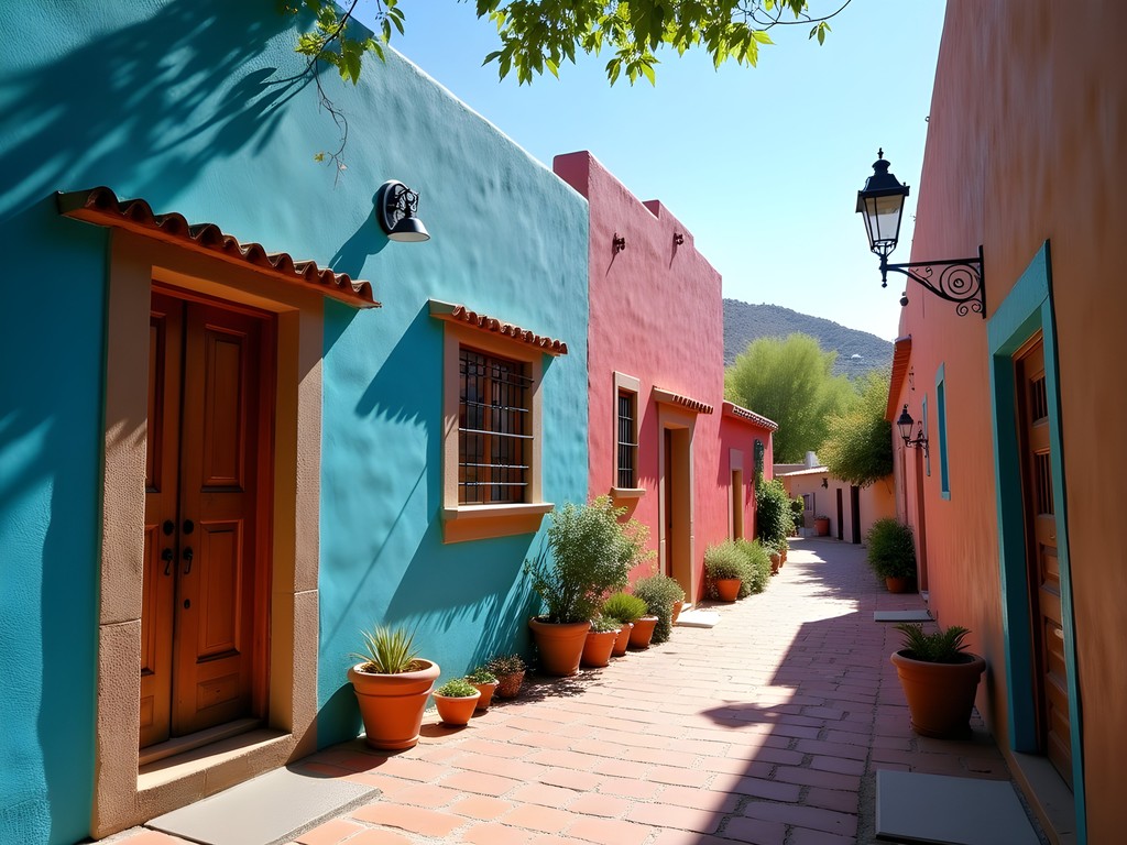 Colorful adobe homes with traditional architectural features in Barrio Viejo, Tucson