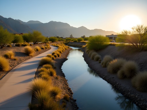 Rillito River Park showing dry riverbed with desert vegetation creating wildlife corridor through urban Tucson