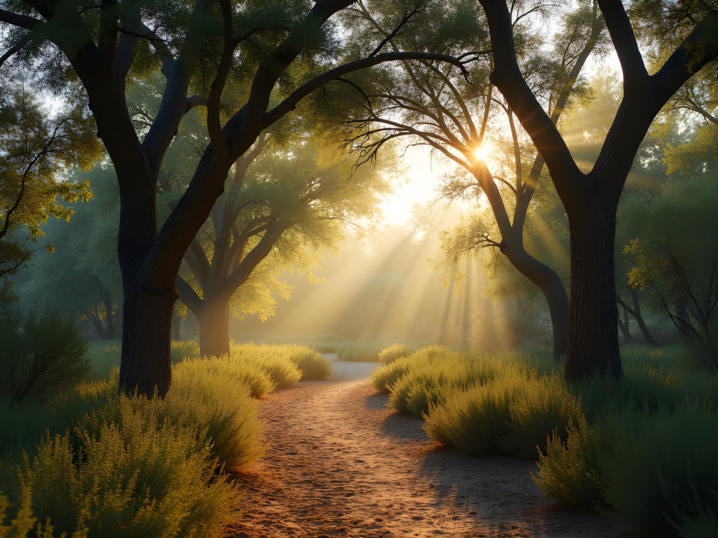 Mesquite bosque section at Tucson Botanical Gardens with morning light filtering through trees