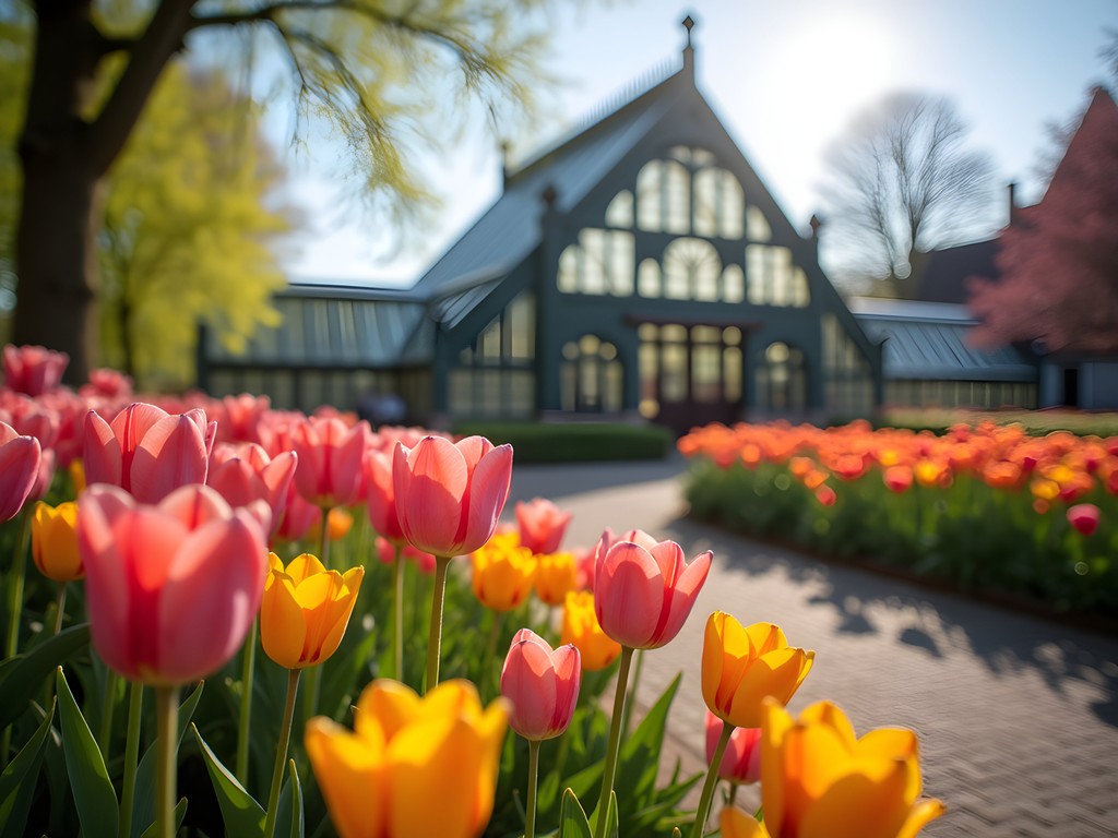 Utrecht University Botanical Gardens in spring with blooming tulips and historic greenhouse