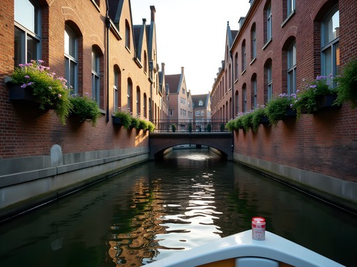 View from a small boat on Utrecht's canals showing medieval architecture and wharf cellars