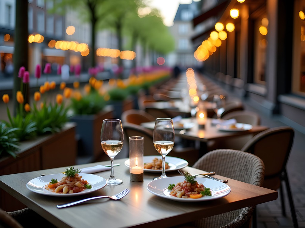 Outdoor dining along Utrecht's Oudegracht canal in spring with flowers and historic architecture