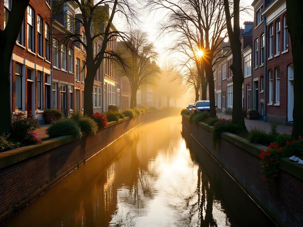Utrecht's Oudegracht canal at sunrise with historic wharf cellars and medieval architecture