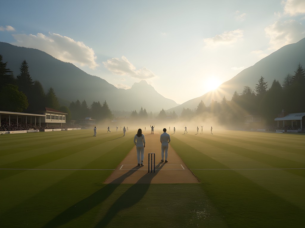 Historic Brockton Oval cricket grounds in Stanley Park with morning fog and mountains in background