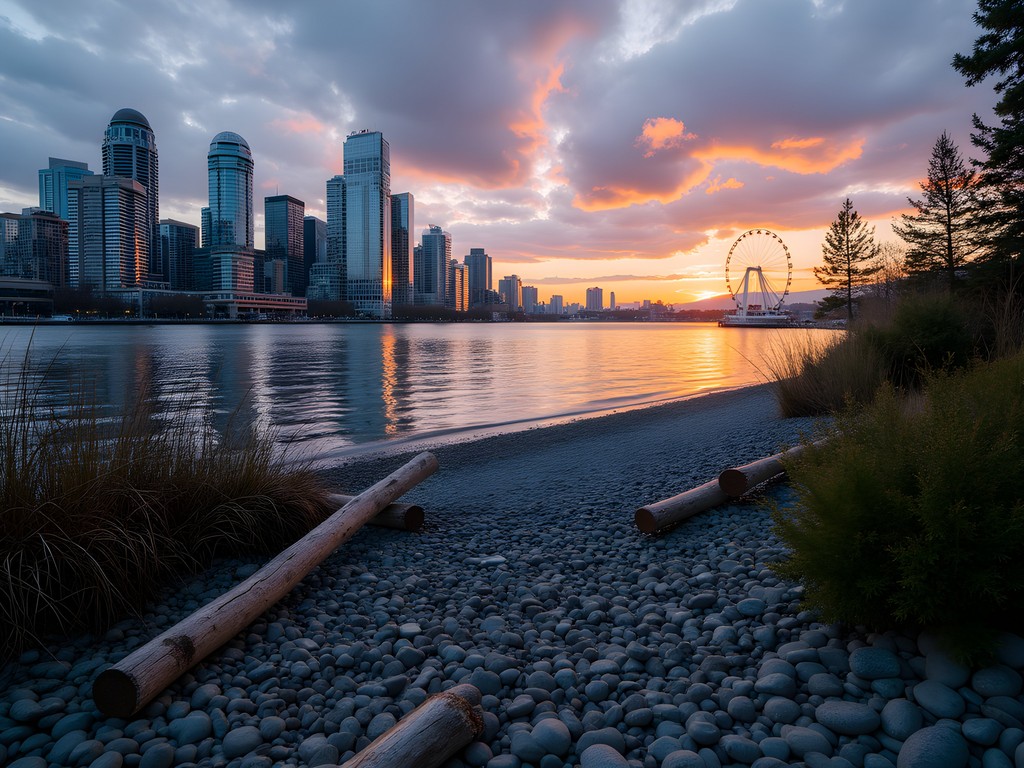 Hidden pebble beach at False Creek with Vancouver skyline view at sunset