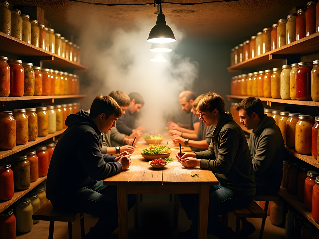 Underground fermentation workshop in Vancouver with glass jars of colorful ferments