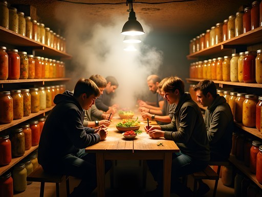 Underground fermentation workshop in Vancouver with glass jars of colorful ferments