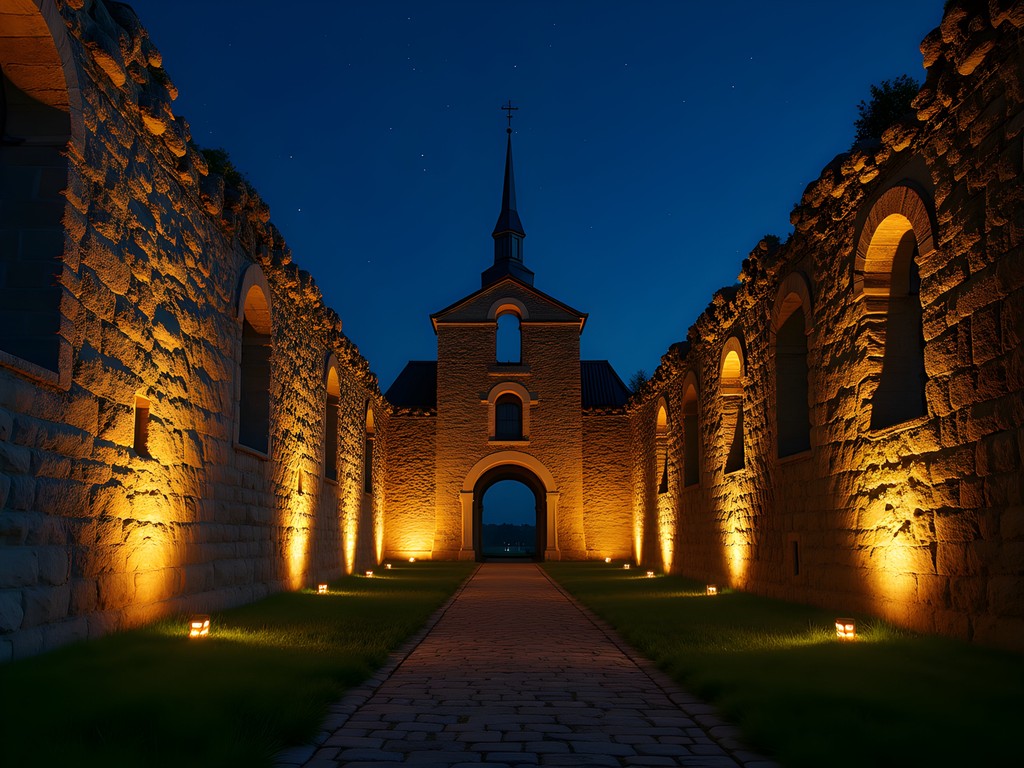 Medieval church ruins in Visby at night with dramatic lighting and starry sky